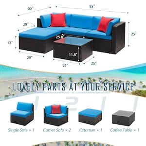 5-Pieces Wicker Patio Conversation Outdoor Rattan Sofa Set with Glass Coffee Table and Blue Cushion
