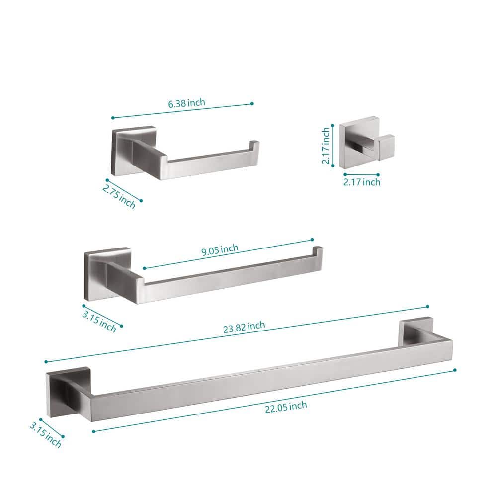 Brushed Nickel 4-Piece Bathroom Hardware Set with Towel Bar