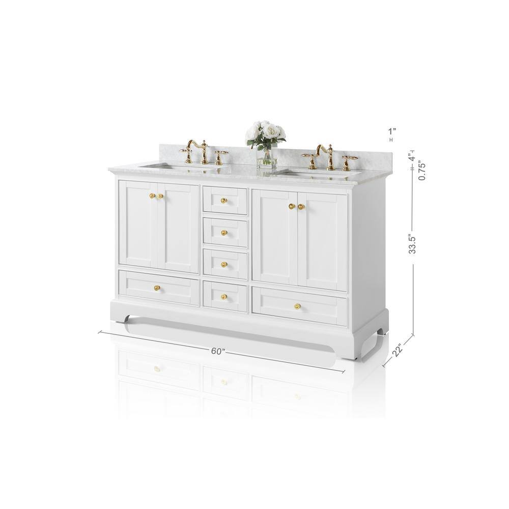 Audrey 60'' White Double Bathroom Vanity with Marble Top and Gold Hardware
