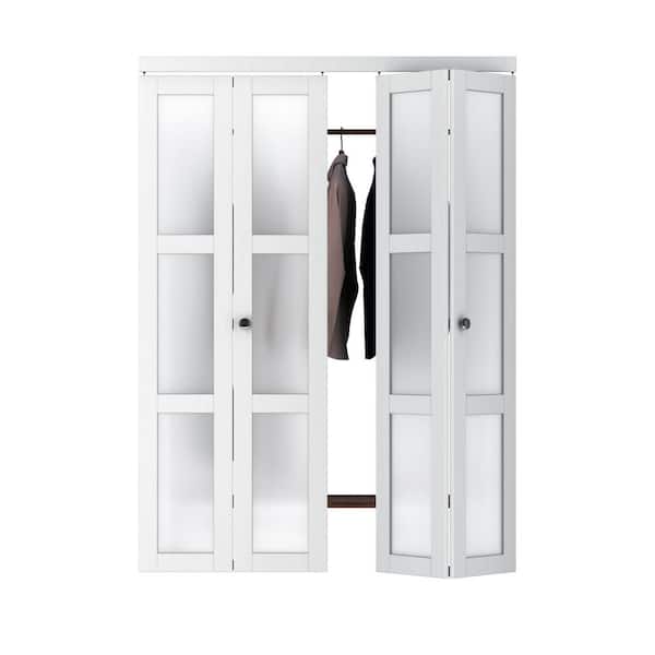 ARK DESIGN 60 in. x 80.5 in. 3-Lite Frosting Glass MDF White Finished Closet Bifold Door with Hardware