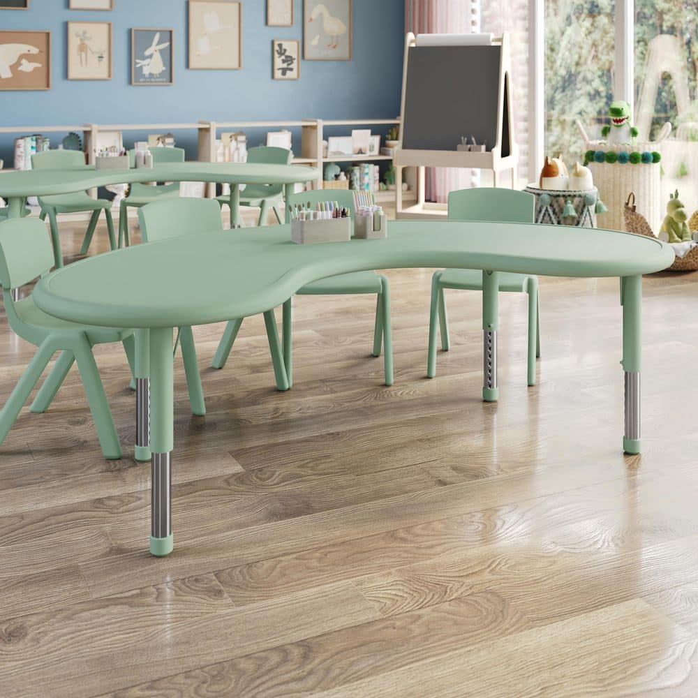 Wren Adjustable Sage Kidney-Shaped Kids Activity Table with Plastic Top for 8