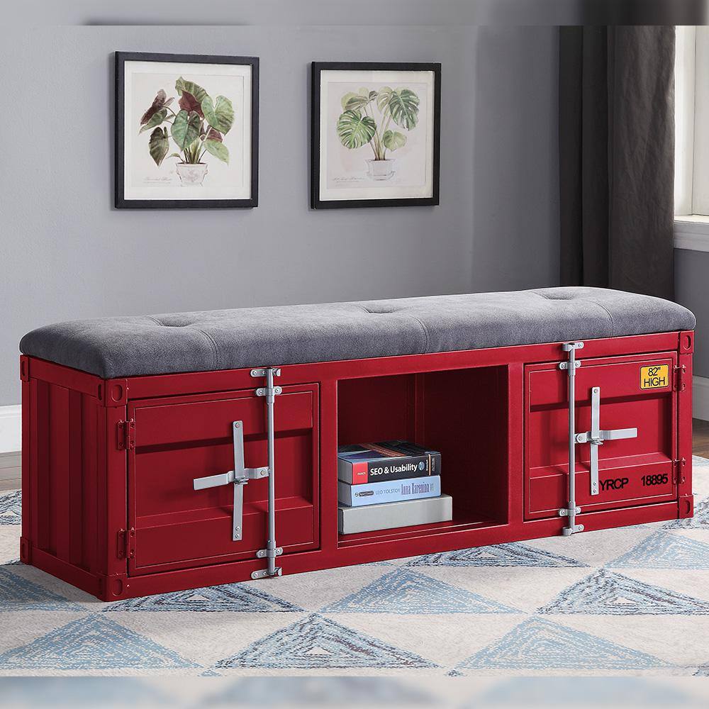 Konto Industrial Gray Fabric & Red Metal Storage Bedroom Bench