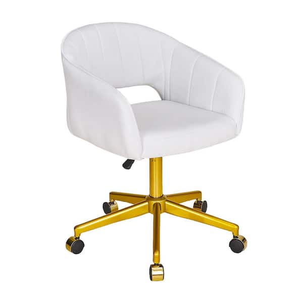 Fabric Accent Chair with Gold Base, Adjustable Height Vanity Chair with 360° Wheels, Upholstered Armchair in White