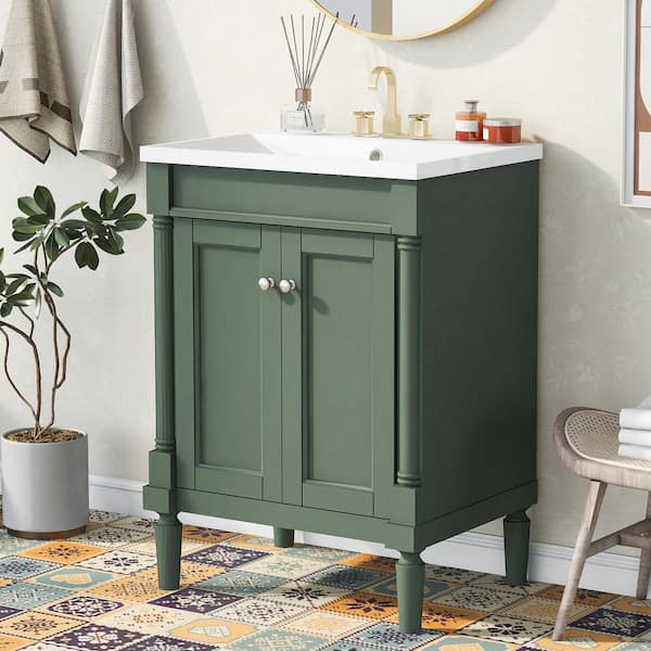 Magic Home 24 in. x 18 in. x 34 in. Modern Freestanding Bathroom Vanity Storage 2-Tier Cabinet in Green with White Caremic Sink Top