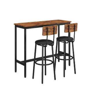 3-Piece Rectangular Rustic Brown Wood Bar Table Set with 2 Bar Stools Faux Leather Seat with Back and Footrest Seats 2