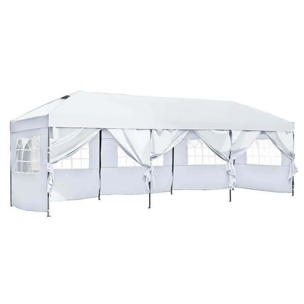 JUJABU 10 ft. x 30 ft. White Iron and Oxford Fabric Heavy Duty Pop Up Canopy Party Tent with Sidewalls Wheeled Bag