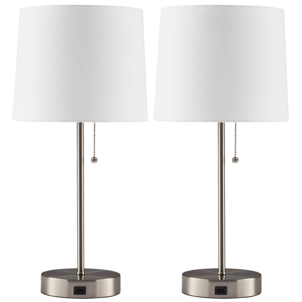 Brushed Nickel Table Lamp Set with White Fabric Shade