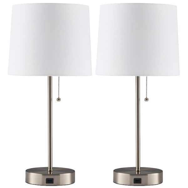 Merra 21 in. Brushed Nickel Modern Metal Table Lamp with White Fabric Shade with 2A USB Port (Set of 2)