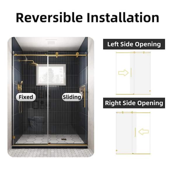 56-60 in. W × 74 in. H Frameless Single Sliding Shower Door in Brushed Gold with Soft Close System, 8mm Tempered Glass