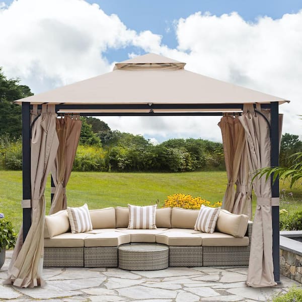 Unbranded 10 ft. x 10 ft. Sturdy Heavy-Duty Double Roof Canopy Metal Gazebo with Mosquito Net and Sunshade Curtains for Gardens