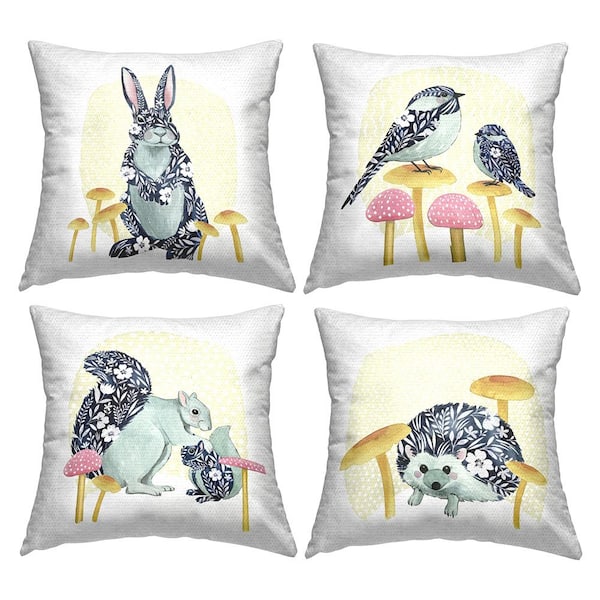 Patterned Animals on Mushrooms Multi-Color Square Outdoor Throw Pillow 4-Pack