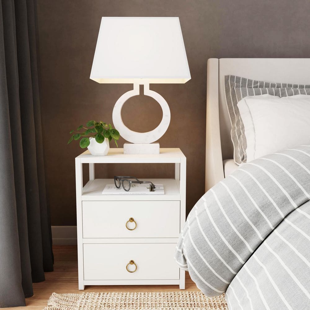 Luxe Minimalist White Acacia 2-Drawer Nightstand with Open Shelf