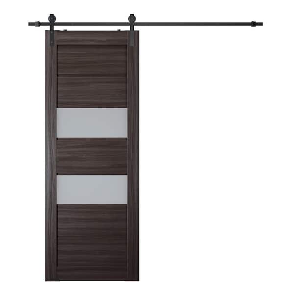 Belldinni Dessa 24 in. x 80 in. 2-Lite Frosted Glass Gray Oak Wood Composite Sliding Barn Door with Hardware Kit