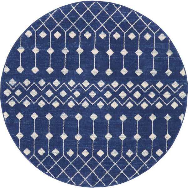 Grafix Navy 5 ft. x 5 ft. Moroccan Boho Round Rug