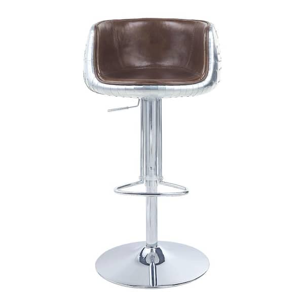 Acme Furniture Brancaster 41 in. Vintage Brown and Aluminum Low Back Metal Frame Adjustable Swivel Bar Stool with Leather Seat