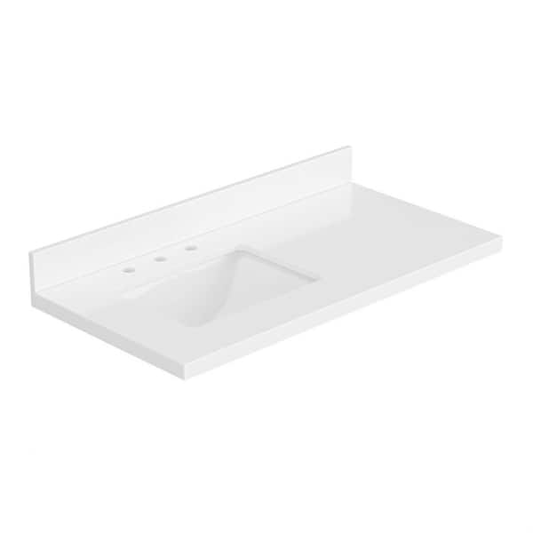 ARIEL - 43 in. W x 22 in. D in Pure White Quartz with 1.5 in. Thick Milter Edge with Rectangle Single Sink Vanity Top in. White