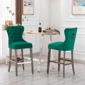 Harper 29 in. Dark Green Velvet Tufted Wingback Kitchen Counter Bar Stool with Solid Wood Frame in Antique Gray