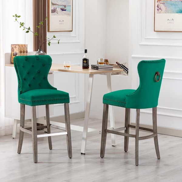 Harper 29 in. Dark Green Velvet Tufted Wingback Kitchen Counter Bar Stool with Solid Wood Frame in Antique Gray