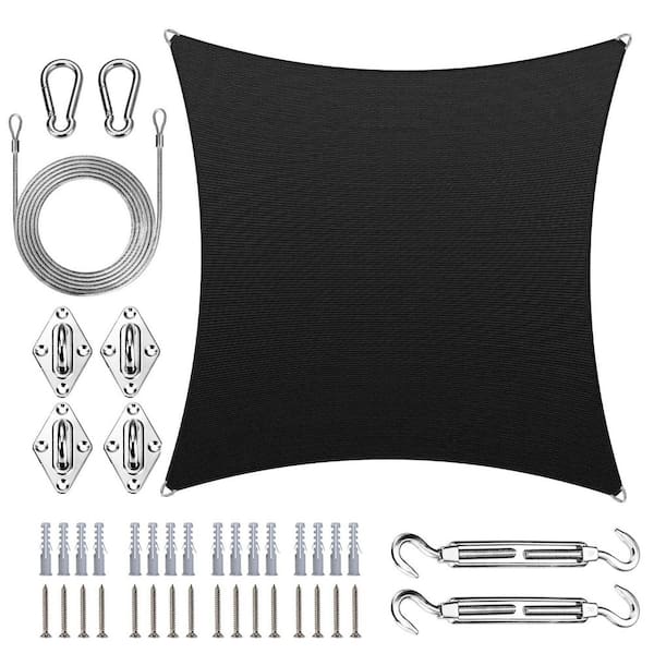 ROYAL SHADE Pro Ring 12 ft. x 12 ft. Square Sun Shade Sail with Hardware Kit and Rope-Black