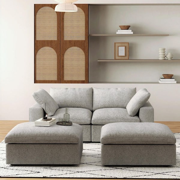 Magic Home 78.72 in. Square Arm 4-Piece Linen L-Shaped Sectional Sofa Cloud Couch in Gray with Ottoman