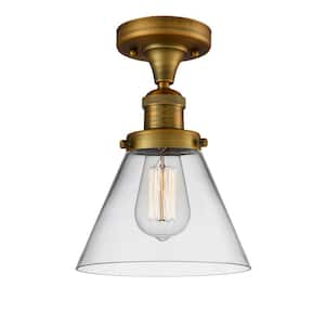 Cone 7.75 in. 1-Light Brushed Brass Semi-Flush Mount with Clear Glass Shade