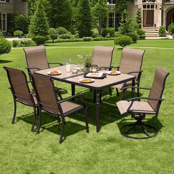 Black 7-Piece Textilene and Metal Rectangle Outdoor Dining Set with Umbrella Hole, Wood-Grain Tabletop and Swivel Design