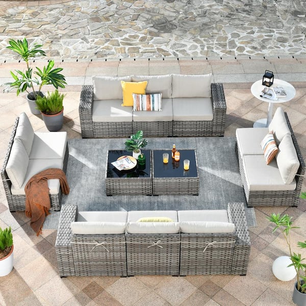 OVIOS Bissty Gray 12-Piece Wicker Wide Arm Patio Conversation Set with Beige Cushions