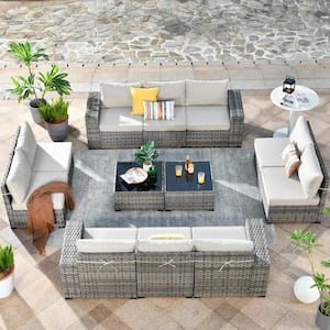 Marvel Gray 12-Piece Wicker Wide Arm Patio Conversation Set with Beige Cushions