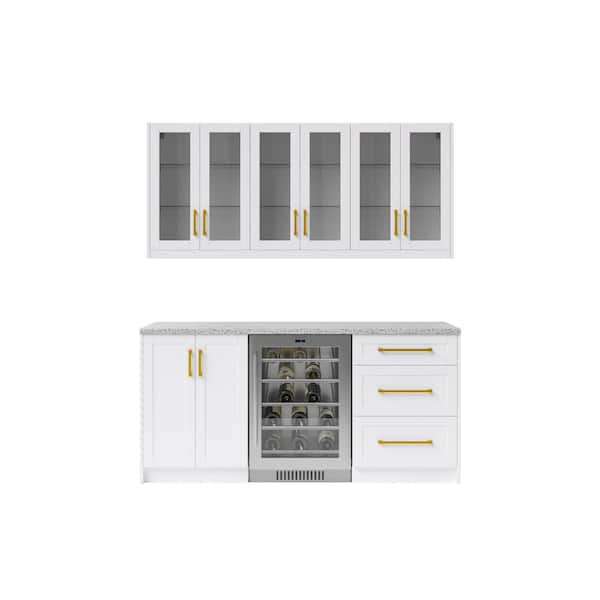 NewAge Products 6-Piece White Home Bar Cabinet Set with Contemporary Brushed Brass Handles