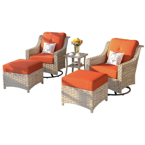 Eureka Grey 5-Piece Modern Wicker Outdoor Patio Conversation Sofa Chair Seating Set with Orange Red Cushions