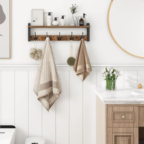 24 in. Rustic Brown Black Wall-Mounted Coat Rack with Shelf and 6 Metal Hooks for Entryway, Bathroom, Bedroom Storage