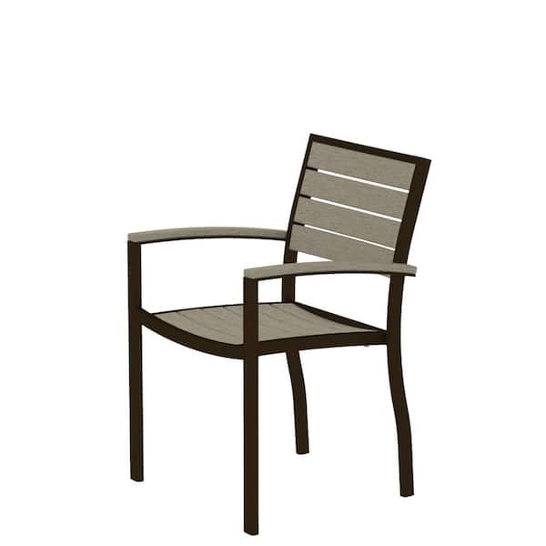 POLYWOOD Euro Textured Bronze Patio Dining Arm Chair with Sand Slats