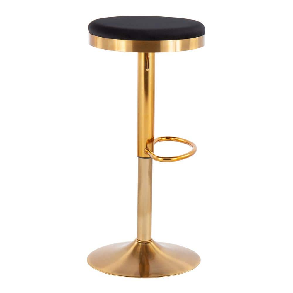 Set of 2 Black Velvet Adjustable Gold Swivel Bar Stools