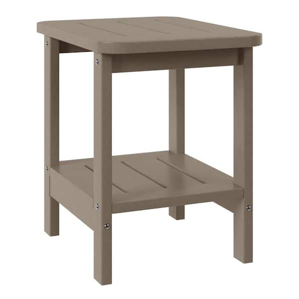 Brighton Outdoor Patio HDPE Poly Plastic Two Storage Shelf Square Adirondack Side Table, Weathered Wood
