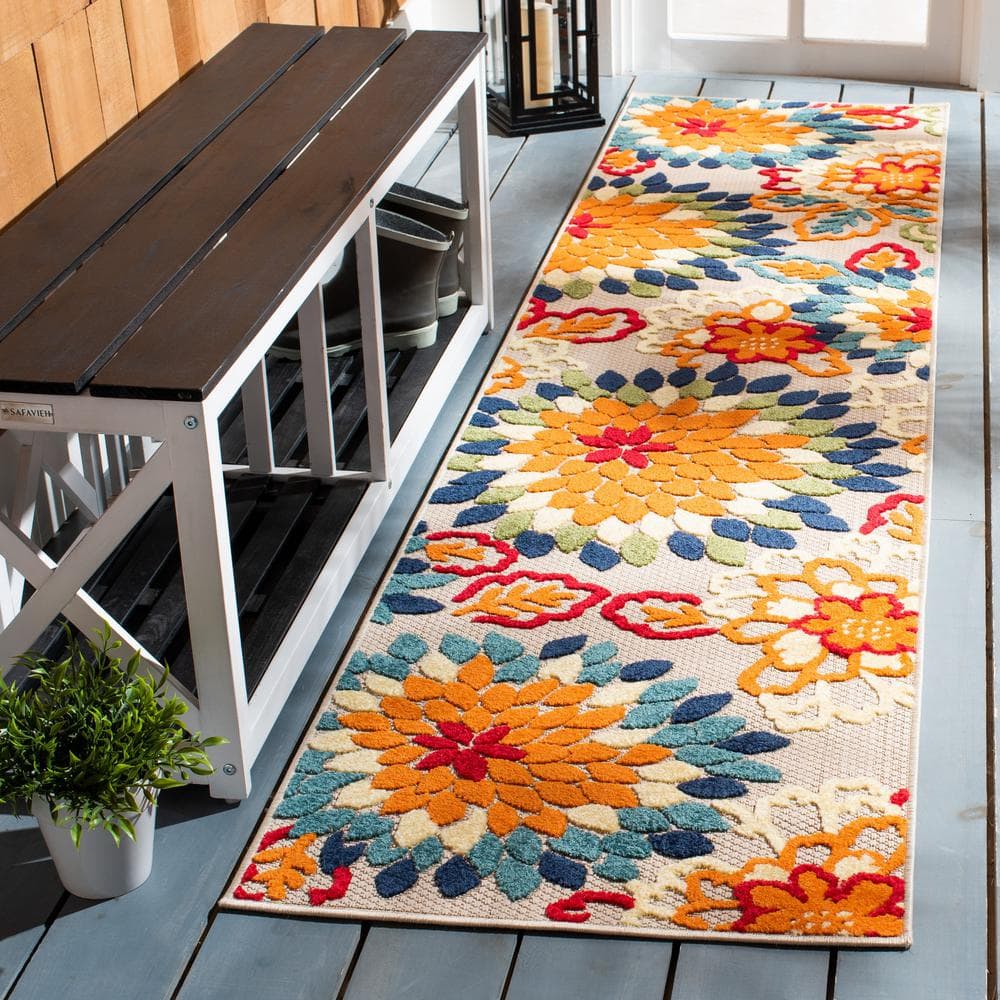 Ivory and Orange Floral Synthetic Runner Rug, 2'2" x 9'