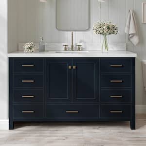 Cambridge 61 in. W x 22 in. D x 36 in. H Vanity in Midnight Blue with Carrara White Marble Top