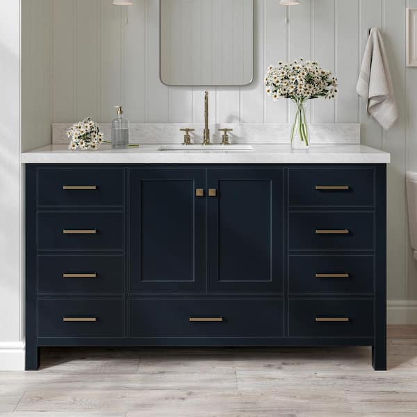 ARIEL Cambridge 61 in. W x 22 in. D x 36 in. H Vanity in Midnight Blue with Carrara White Marble Top
