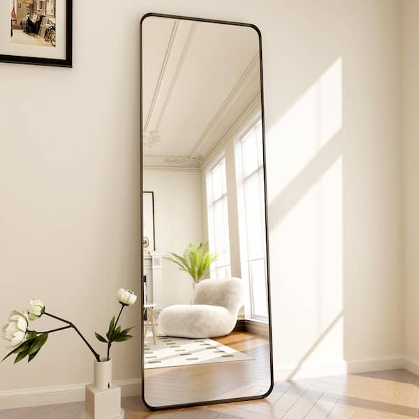 XRAMFY 21 in. W x 64 in. H Rectangular Black Aluminum Alloy Framed Rounded Full Length Mirror Standing Floor Mirror