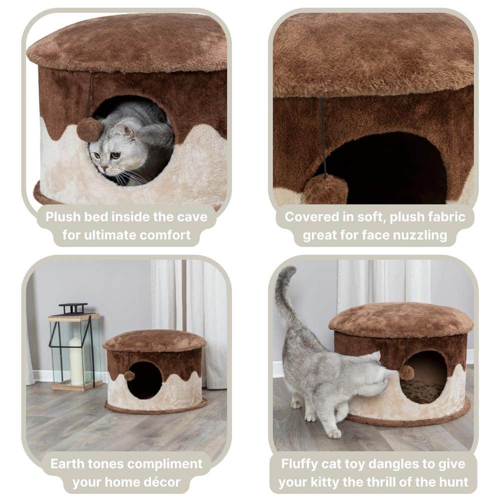 Cozy Brown and Beige Faux Fleece Cat Condo with Pom-Pom Toy