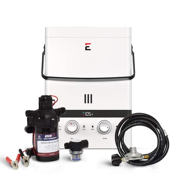 Eccotemp Luxe 1.5 GPM Outdoor Portable Gas Tankless Water Heater with EccoFlo Diaphragm 12-Volt Pump and Strainer