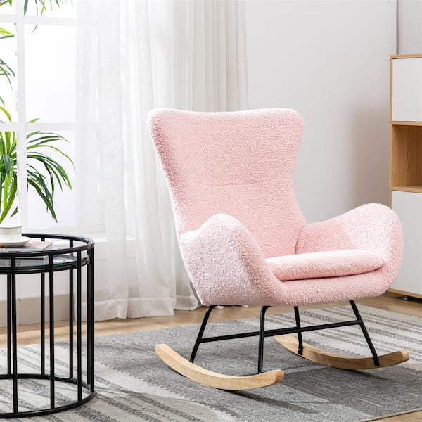 Urtr Pink Rocking Chair Teddy Fabric Padded Seat With High Backrest And Armrests For Living Room Bedroom T 01559 6 The