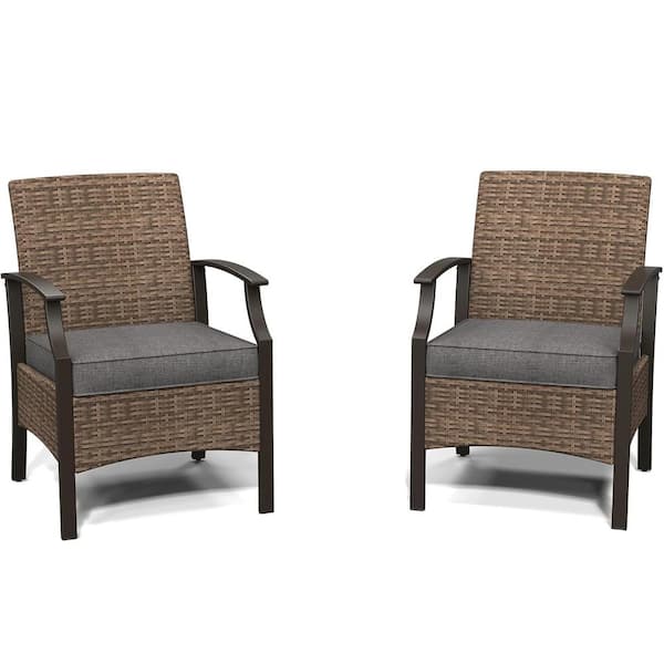 Mondawe Dark Gray Wicker Outdoor Lounge Chair Patio Dining Chair with Grey Cushions (2-Pack)
