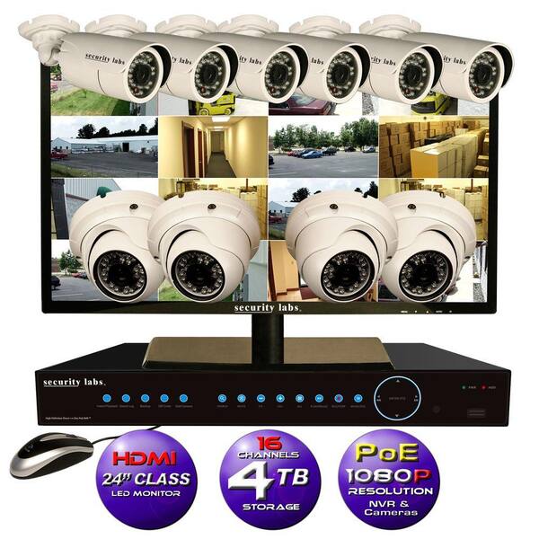 Security Labs 16CH High Definition 1080P IP POE-NVR Surveillance System with 4TB Hard Drive, 10 Cameras,24in HDMI LED Monitor and Apps