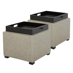 Riley 18 in. Wide Leather Contemporary Square Storage Ottoman with Tray Serve as Side Table in Stone Gray (Set of 2)