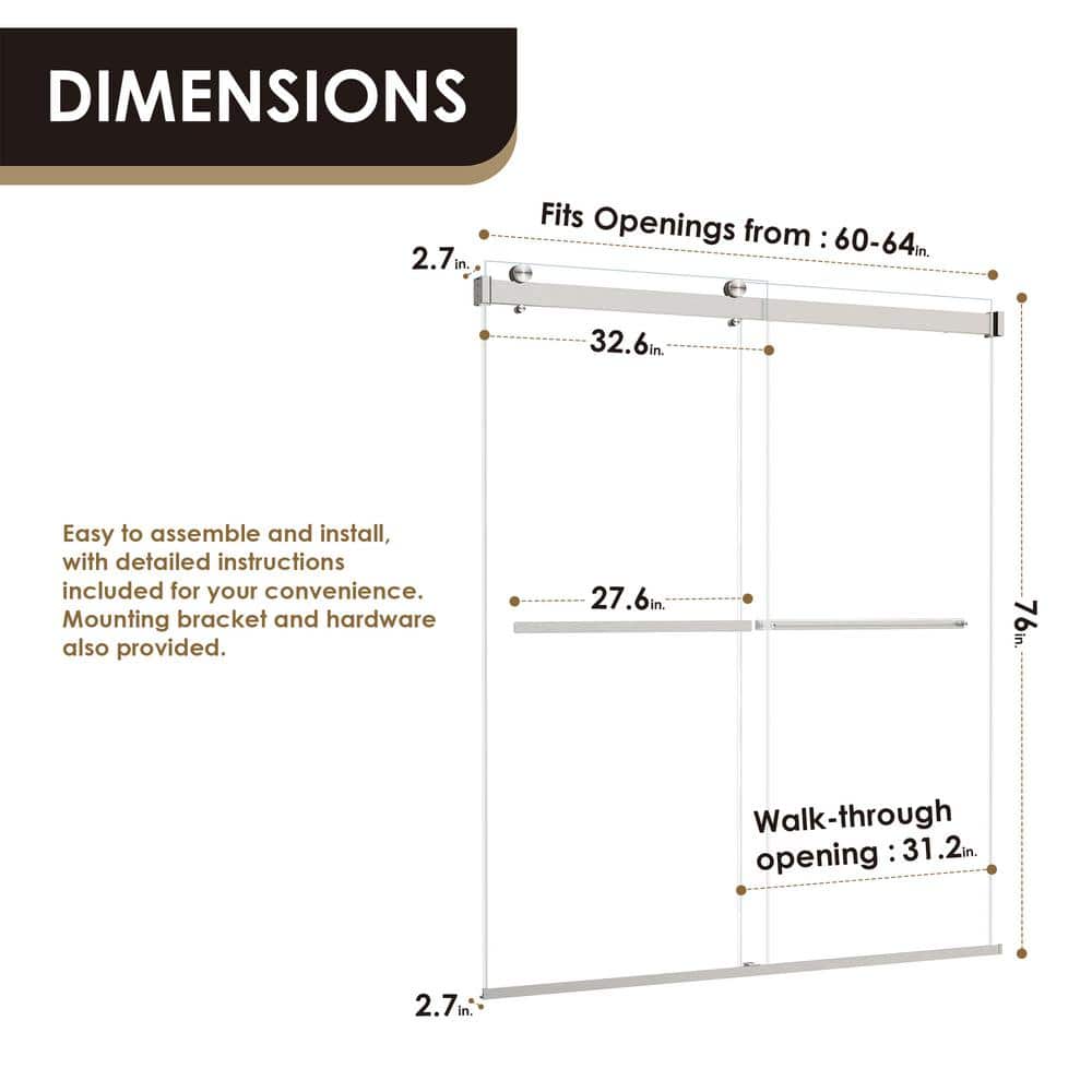 64" W x 76" H Frameless Clear Glass Shower Door with Nickel Finish