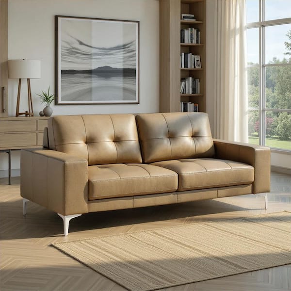 Faelin 79 in. Track Arm Leather Rectangle Sofa in Khaki