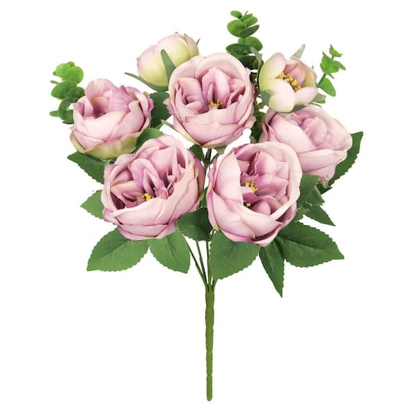 LIVING LUXURY 13 in. Mauve Artificial Cabbage Rose Flower Stem Bush Bouquet (Set of 4)