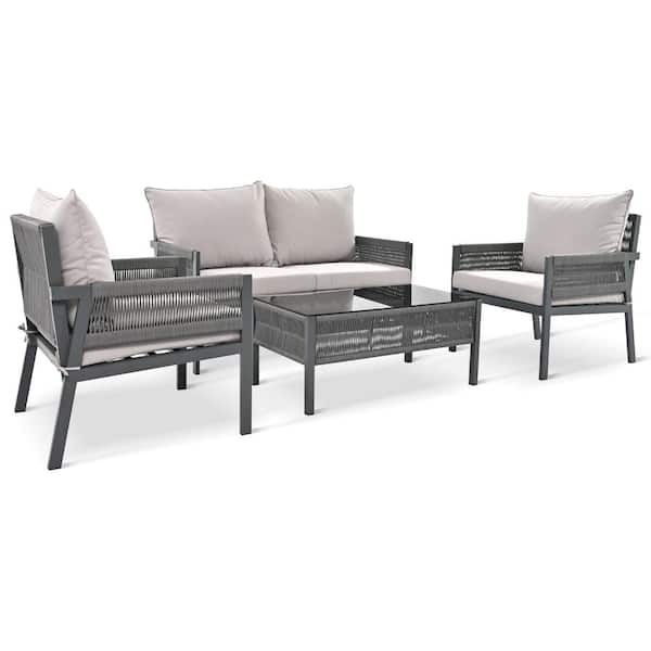 Boosicavelly 4-Piece Boho Rope Patio Conversation Set with Grey Cushions and Tempered Glass Table