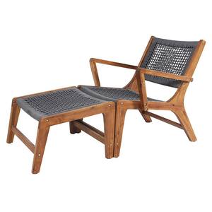 Sevilla Chair Set Brown Frame Arms Chair with Footrest Wood Outdoor Lounge Chair in Gray Rope (2-Piece)