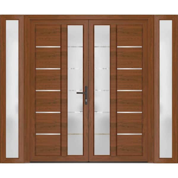 VDOMDOORS 16+72+ 16 in. x 80 in. Left-hand/Inswing Frosted Glass Walnut Steel Prehung Front Door with Hardware